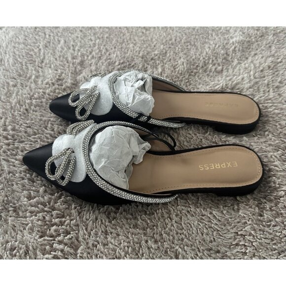 Express Women’s Black Mules Flat  with Bow Detail Size 6 New - Picture 6 of 14